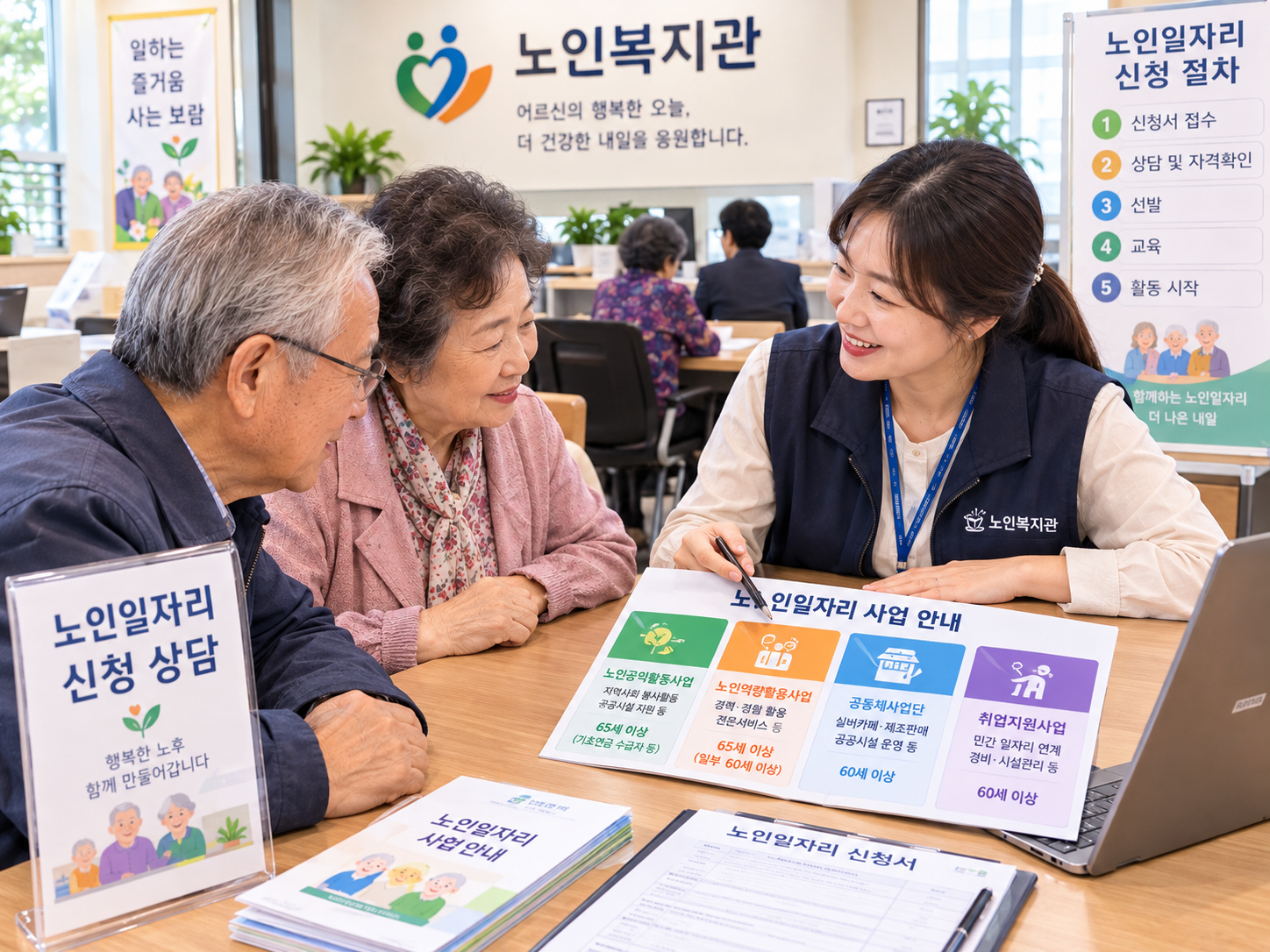 노인복지관에서 노인일자리 신청 절차를 상담받는 어르신들의 모습