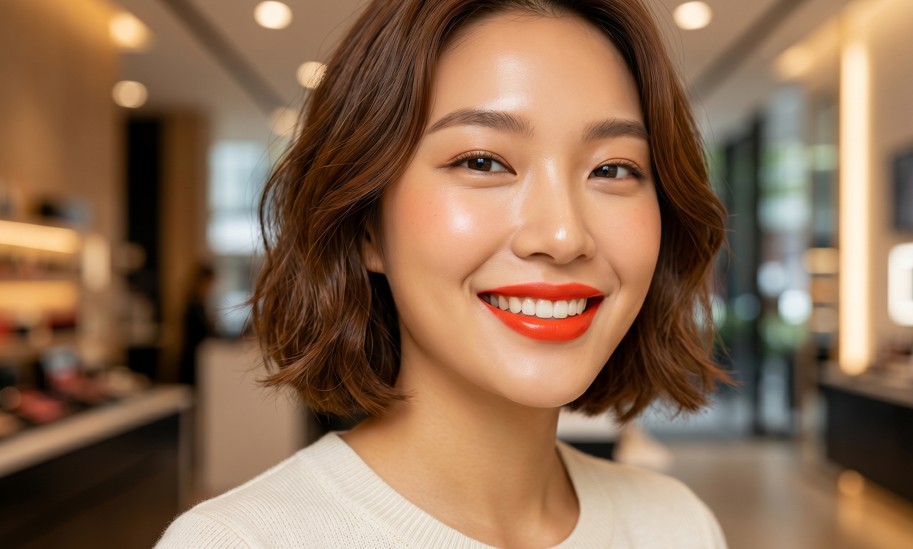<img src="vivid-spring-warm-tone-makeup-look.jpg" alt="맑은 피부톤에 선명한 오렌지 레드 립을 매치한 비비드 스프링 모델">