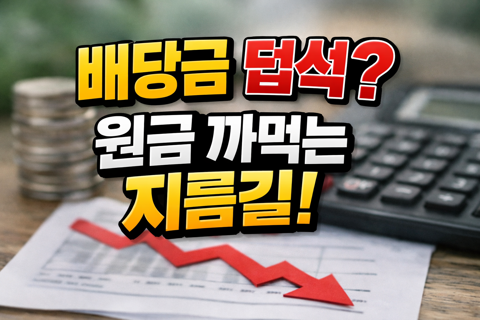 배당수익률이 높아 보여도 배당성향과 이익 구조에 따라 원금 훼손 위험이 발생할 수 있음을 설명하는 이미지, 하락 그래프와 재무 계산 도구 배경