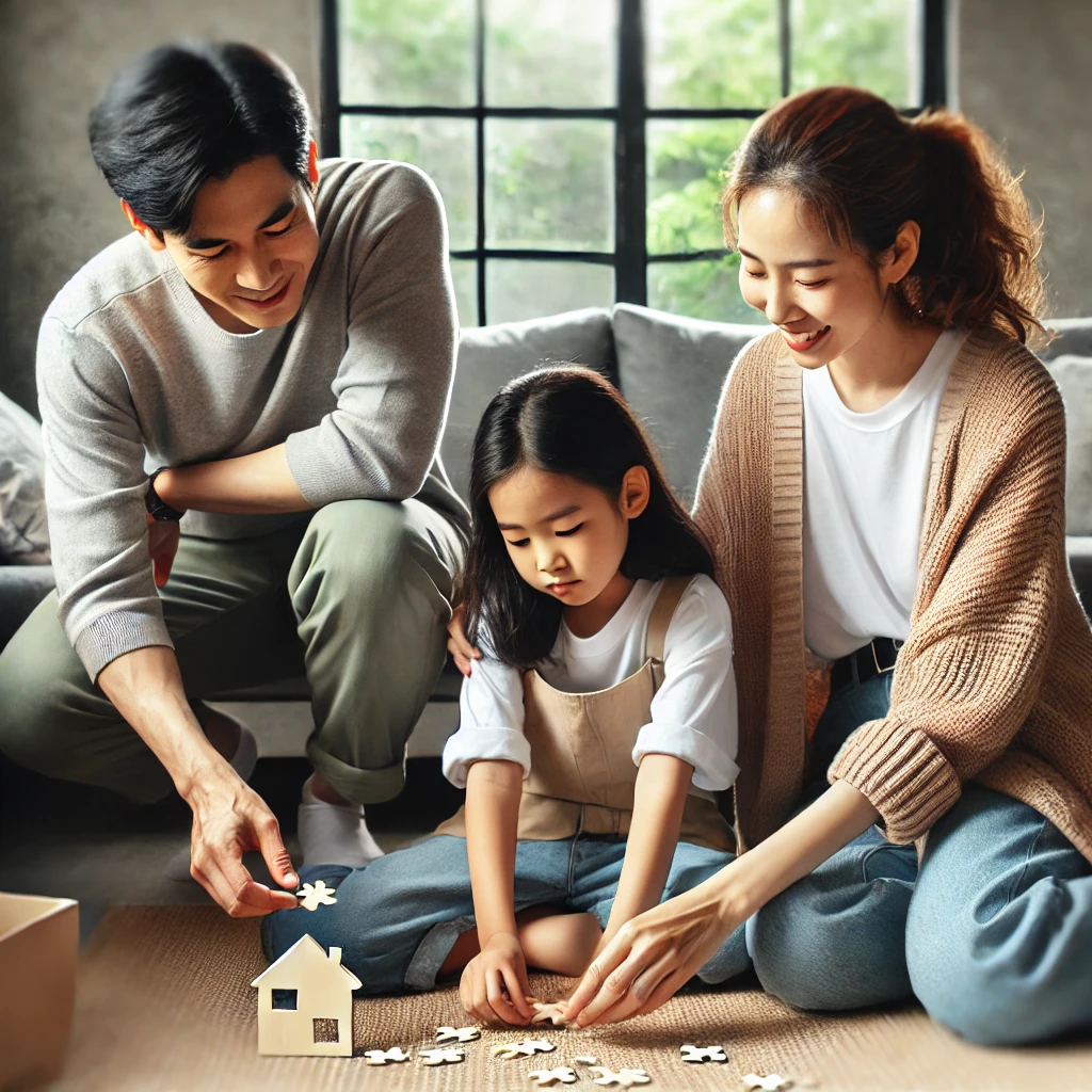 아늑한 거실에서 퍼즐을 풀다 실수로 조각을 떨어뜨린 딸을 부모가 따뜻하게 응원하며 돕는 가족