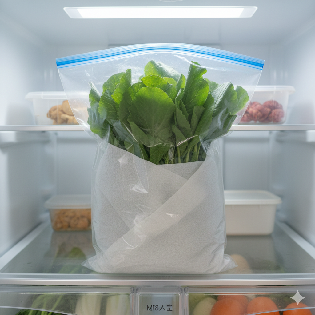 수분 손실을 막기 위해 키친타월로 감싸 지퍼백에 나란히 담은 냉장 보관용 갓