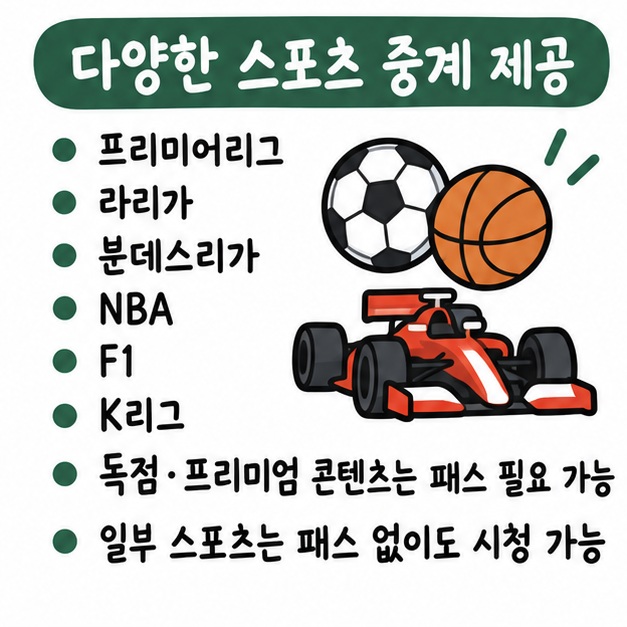 프리미어리그·라리가·분데스리가·NBA·F1·K리그 등 다양한 스포츠를 제공하고 일부 독점·프리미엄 중계는 스포츠패스가 필요하다는 카드