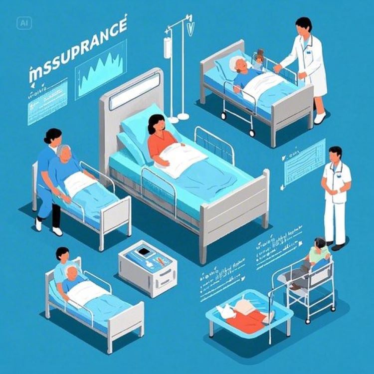 “병원 침대에 누운 환자와 가족, 간병인, 요양시설에서 케어받는 노인, 간병인보험·간병비보험·요양보험을 인포그래픽으로 비교하는 장면”