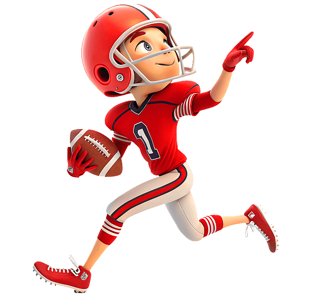 하얀 바지와 빨간 셔츠, 빨간 헬맷을 쓴 럭비선수가 오른손에 럭비공을 들고 관중에게 손가락을 보인다.