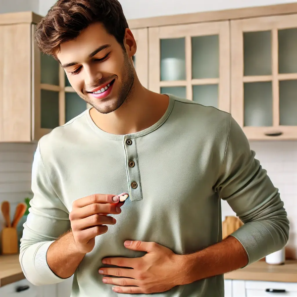 주방에서 프로바이오틱스를 복용하며 미소 짓는 젊은 남성의 장 건강 루틴 초고해상도 사진