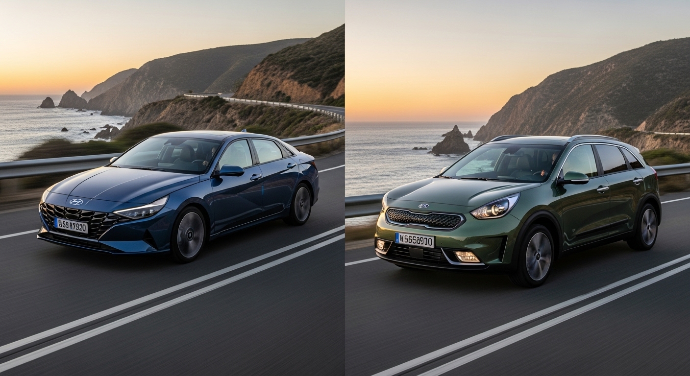 아반떼 하이브리드와 니로 하이브리드가 각자의 매력을 뽐내며 도로 위에서 나란히 서 있는 모습