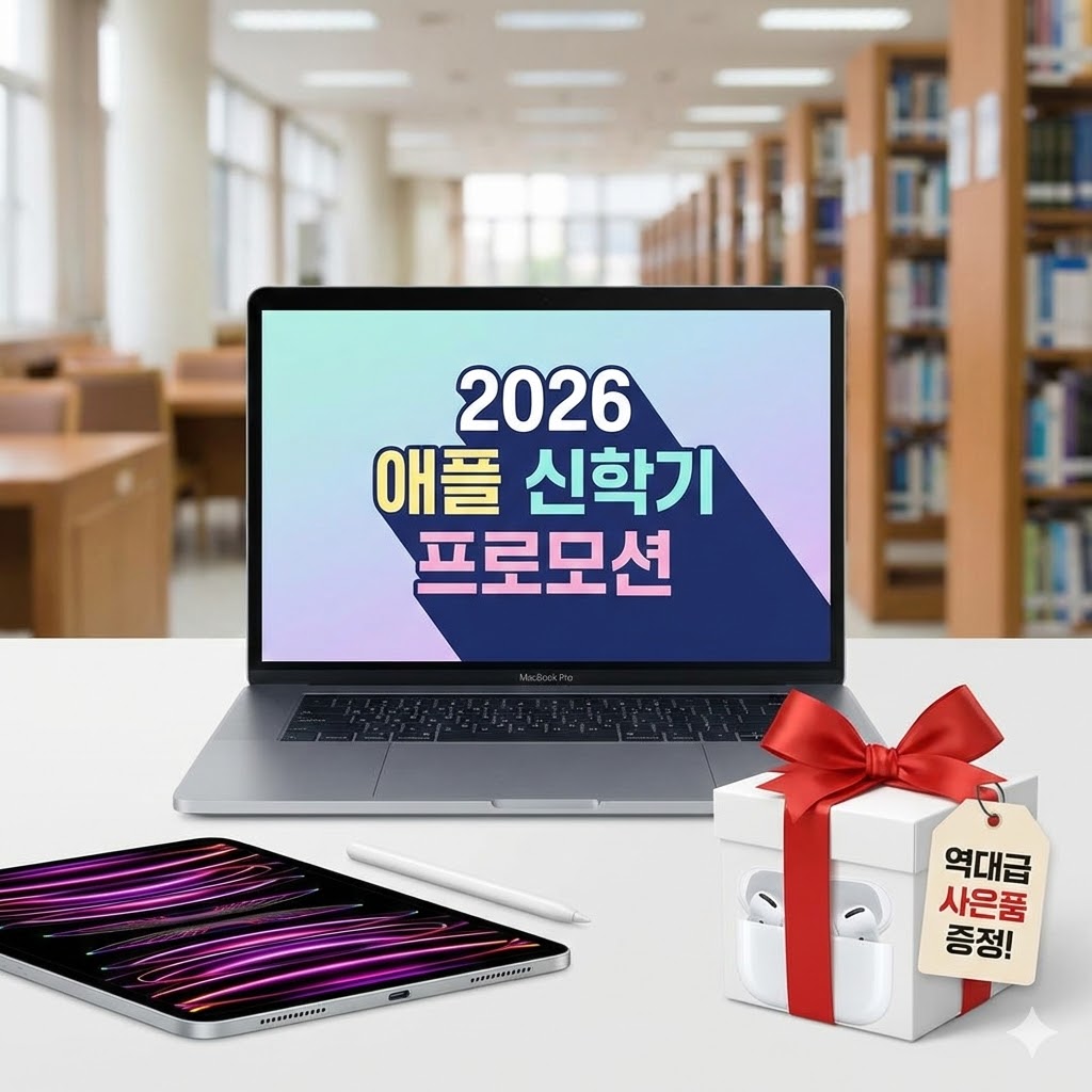 2026년 애플 신학기 프로모션 혜택 요약. 맥북 구매 시 에어팟 4세대 증정, 아이패드 구매 시 애플펜슬 프로 증정 및 애플케어플러스 20% 할인 정보 인포그래픽 이미지.