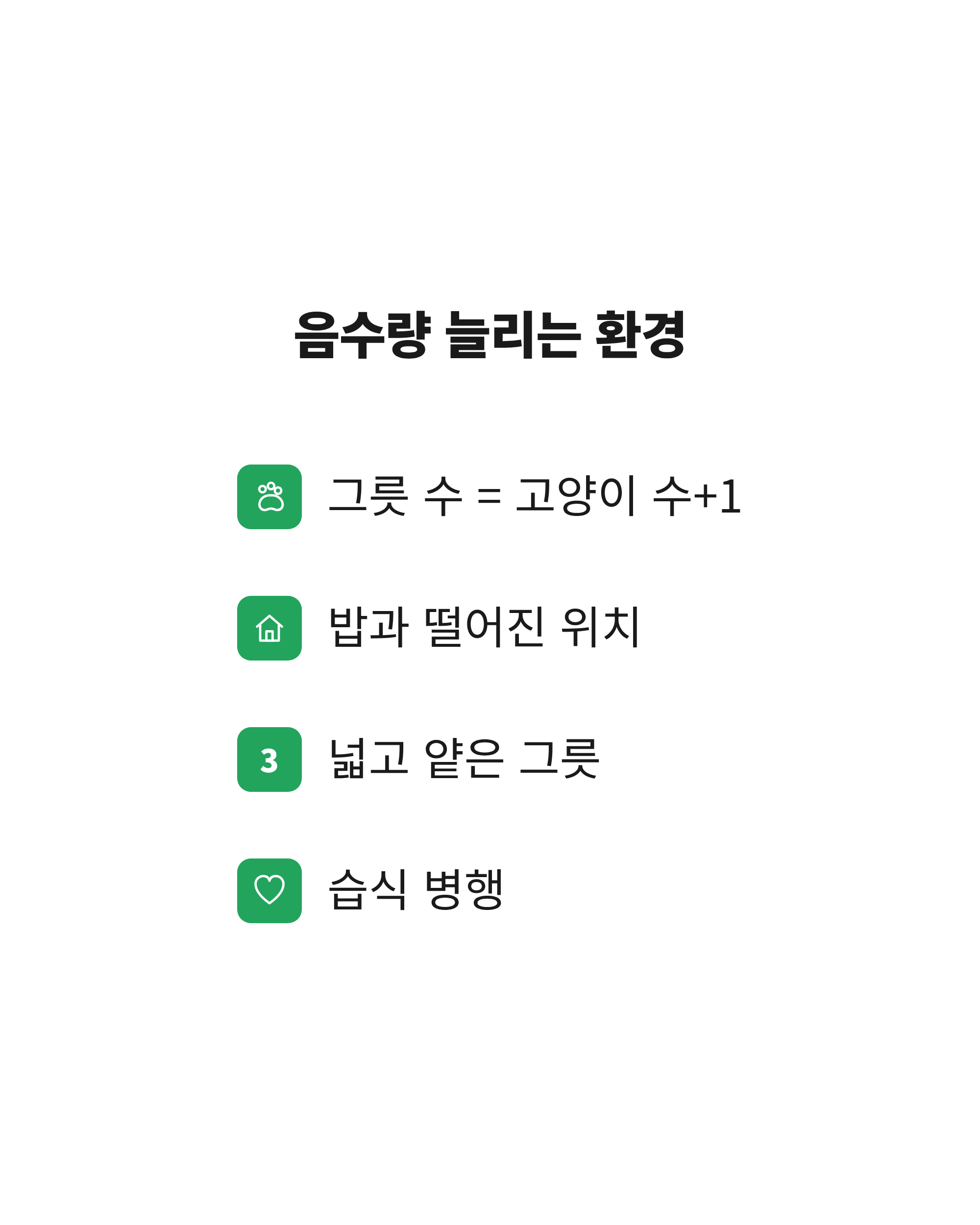 고양이 음수량을 늘리는 물그릇 개수, 위치, 그릇 모양, 습식 병행 체크리스트