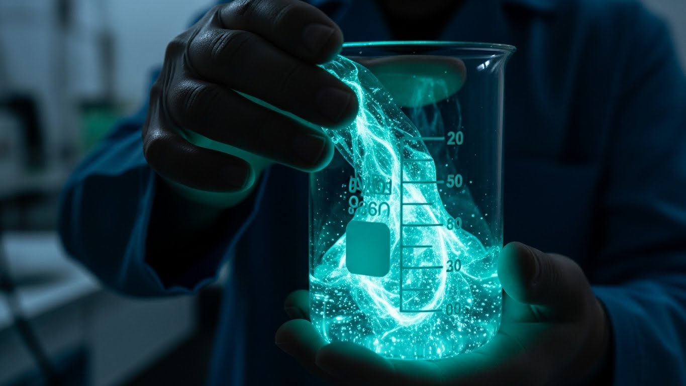 A close-up of a scientist holding a beaker with a glowing high-tech material (Specialty), representing the shift to high-value products.