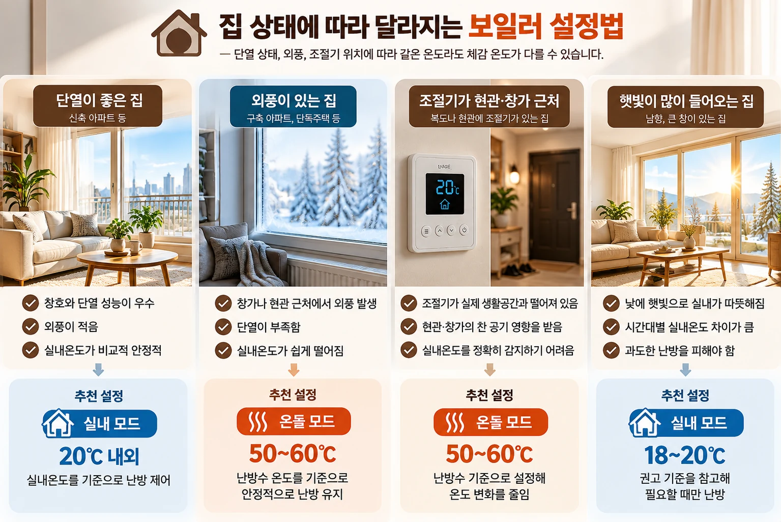 단열 상태와 외풍, 보일러 조절기 위치, 일조량에 따른 보일러 난방 설정 차이를 비교한 이미지