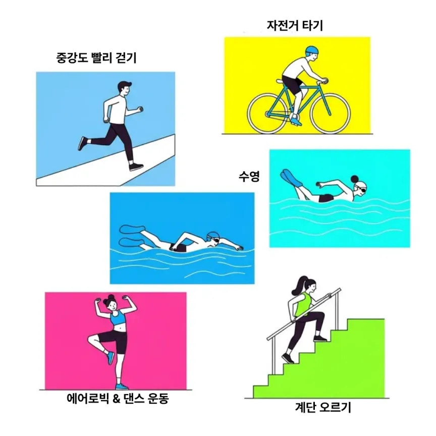 걷기, 자전거, 수영, 에어로빅, 계단 오르기 등 중강도 운동을 표현한 일러스트.