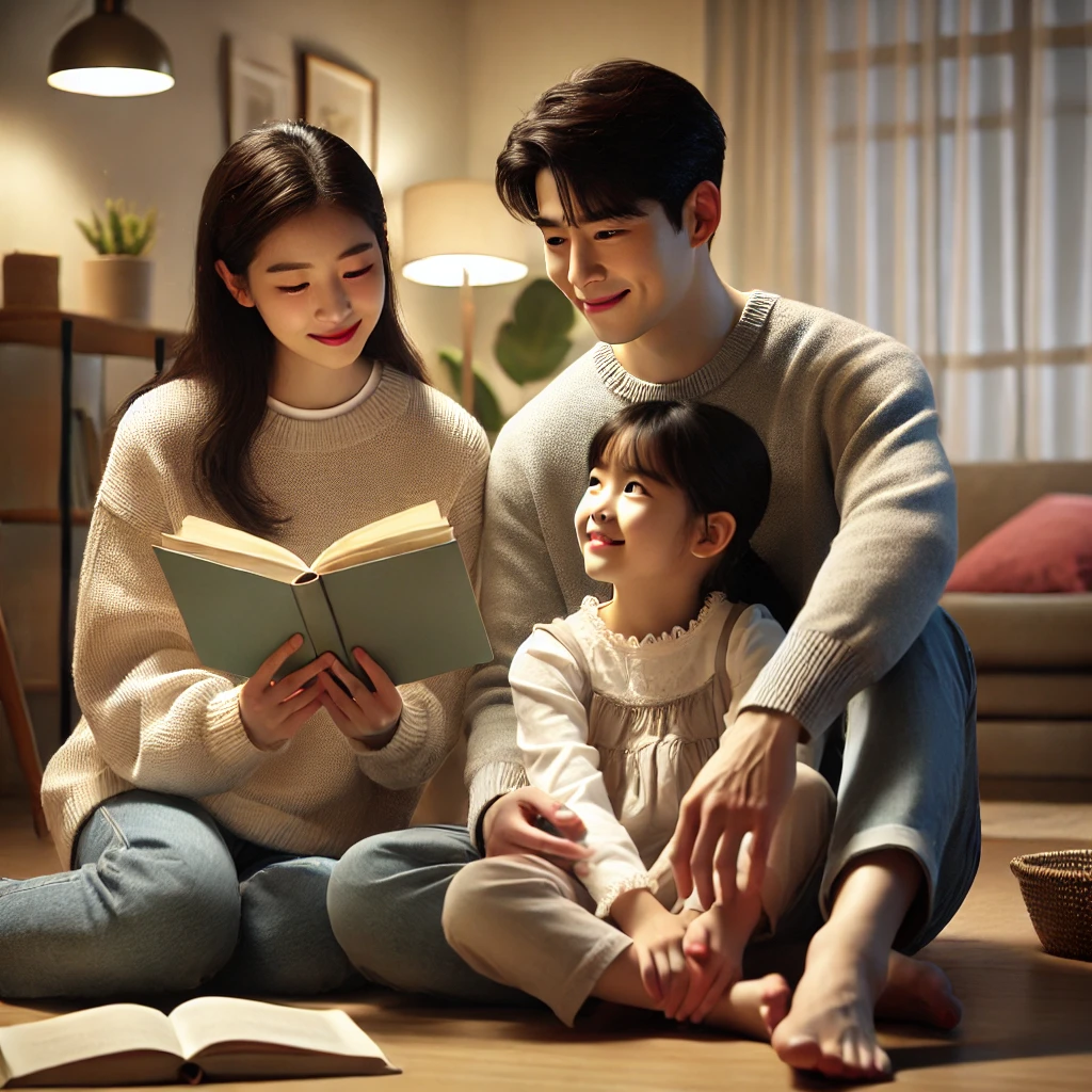 아늑한 거실에서 책을 읽으며 함께 시간을 보내는 현대적인 가족. 어머니가 책을 읽고&amp;#44; 아버지와 딸이 따뜻한 미소로 경청하는 모습