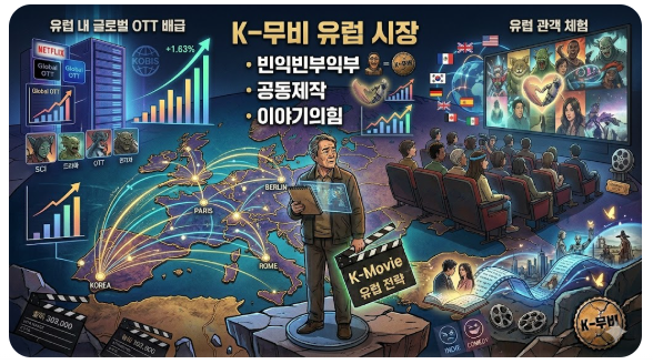 유럽 지도 위로 한국과 파리, 베를린, 로마가 연결된 네트워크를 배경으로 K-무비의 유럽 시장 전략을 도식화한 이미지입니다. 좌측은 글로벌 OTT 배급 현황을, 우측은 현지 관객의 반응과 공동제작 양상을 보여줍니다. 중앙의 인물은 빈익빈 부익부 현상 속에서 '이야기의 힘'을 통한 전략적 생존 방향을 분석합니다.