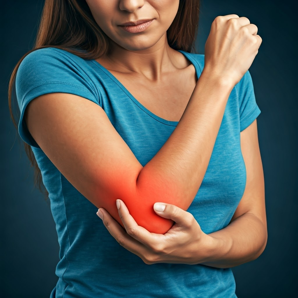 팔꿈치 통증으로 통증부위를 한손으로 만지고 있는 여성 사진