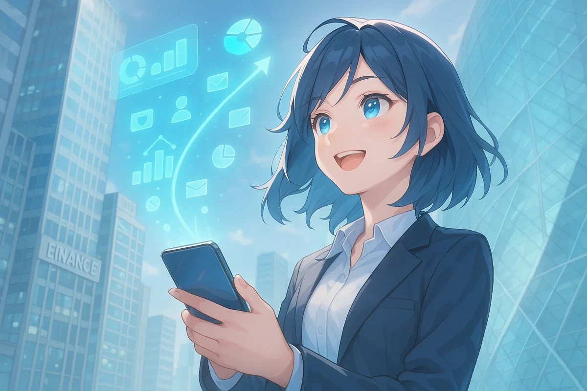 스마트폰으로 마이데이터 앱을 사용하며 신용점수가 상승하는 모습을 보여주는 대표 이미지