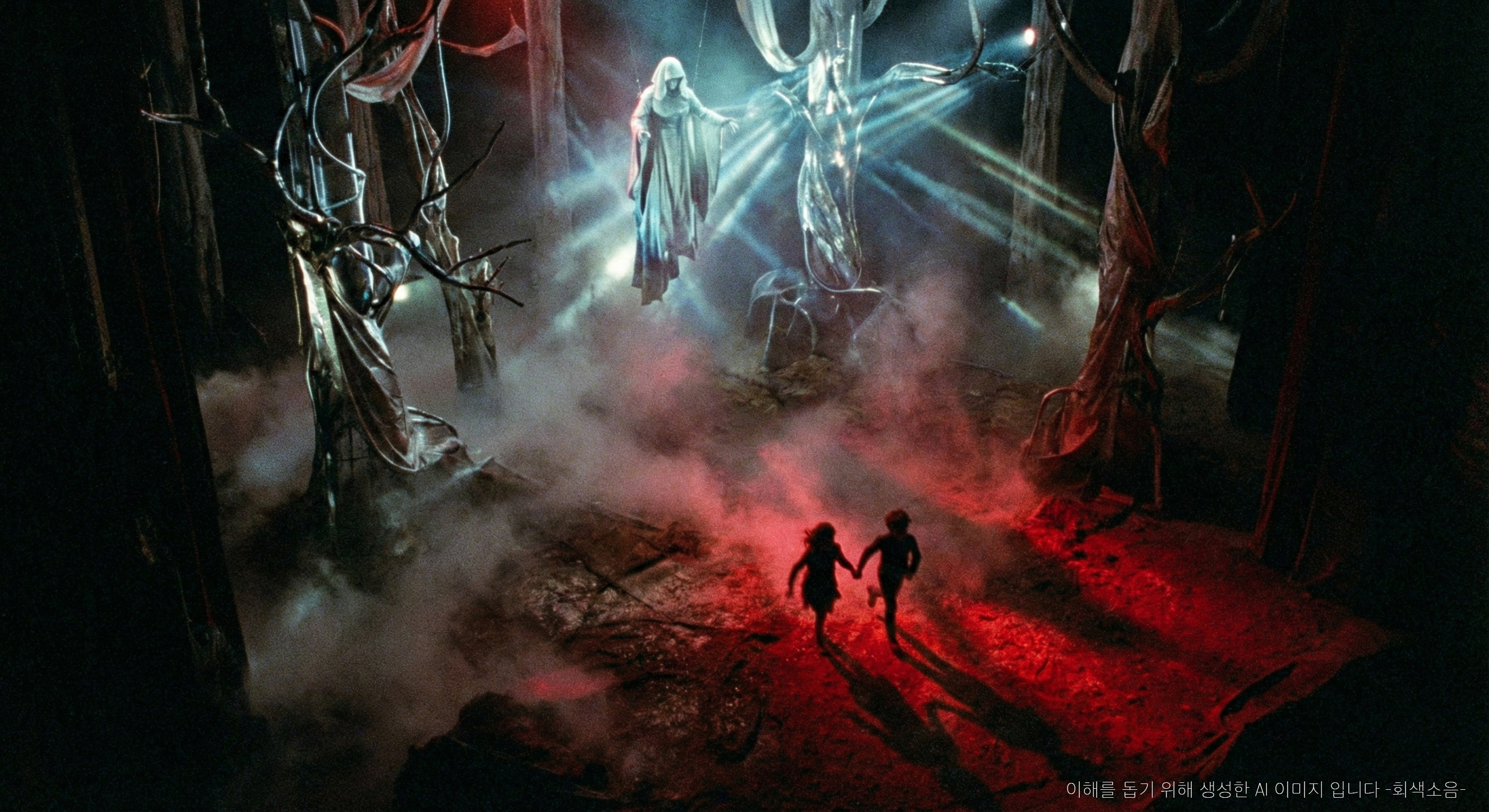 초현실의 숲 : 위에서 내려다본 밤의 연극적 숲에서 푸른 달빛의 형상과 아래 붉은 빛 속을 달아나는 두 연인의 작은 실루엣이 안개 속에서 극적으로 대비되는 초현실적 장면.