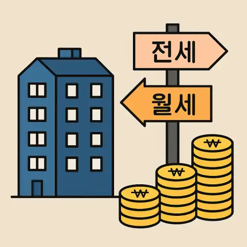 아파트 건물 옆에 전세와 월세 방향을 가리키는 표지판과 원화 동전 더미가 있는 그림