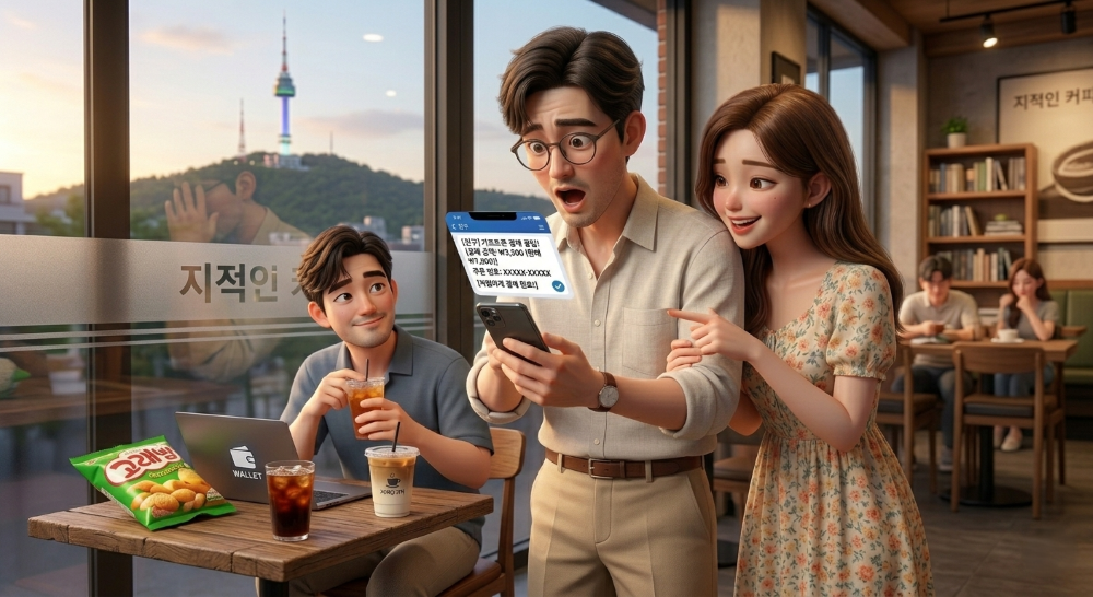 친구가 기프티콘으로 저렴하게 계산해서 놀라는 모습을 재현한 캐릭터 이미지