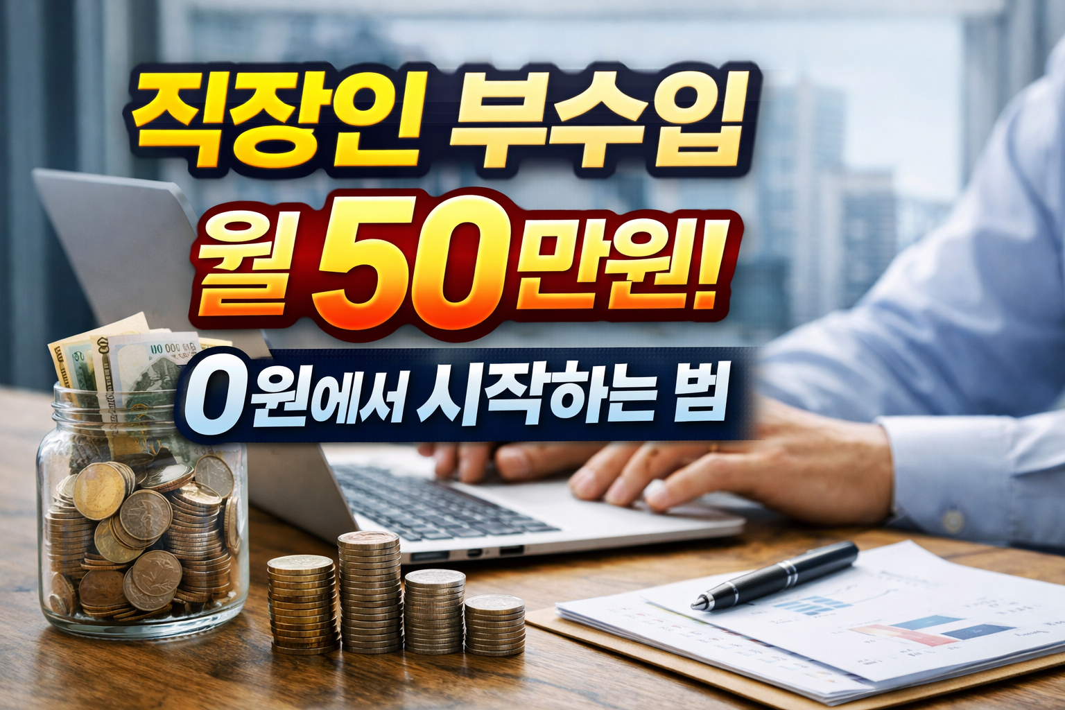 직장인 부수입 월 50만원 자동 수익 구조를 설명하는 썸네일 이미지, 노트북과 동전이 놓인 책상 위 실사 사진