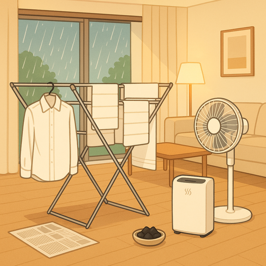 장마철 실내에서 빨래를 건조하는 모습