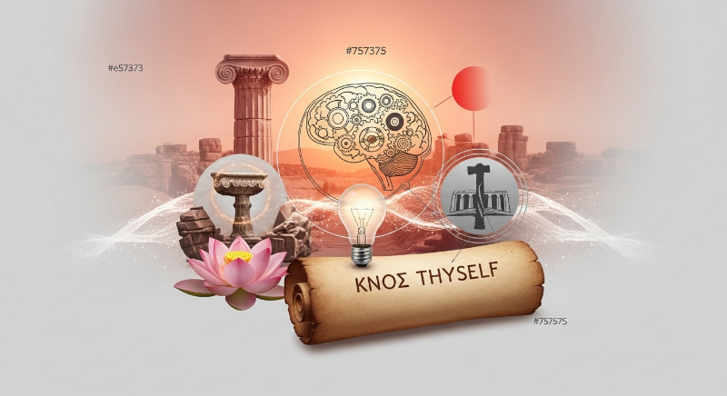 고대 그리스 건축물, 동양의 연꽃, 그리고 현대적인 뇌 모양이 어우러져 감성 지능의 시대를 초월한 지혜를 상징하는 이미지. 테라코타-라이트그레이 색상으로 고대부터 이어져 온 자기 이해의 역사를 보여줌.