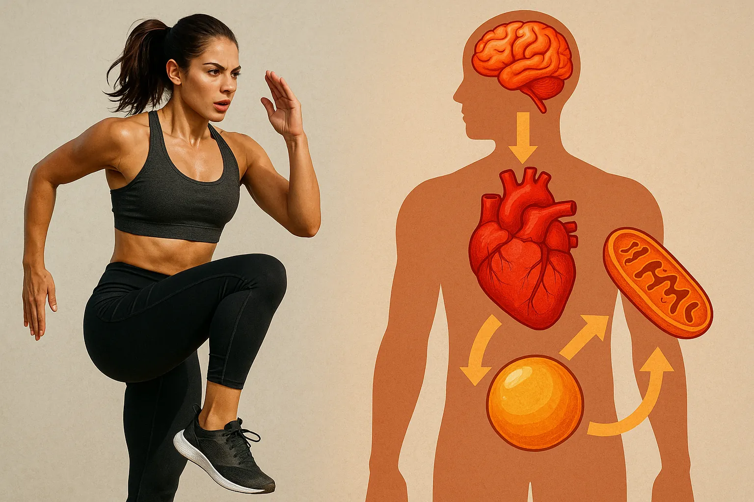 고강도-인터벌-트레이닝의-대사-효과를-표현한-일러스트-왼쪽은-점프하며-운동하는-여성-운동선수-오른쪽은-뇌-심장-미토콘드리아-지방세포가-강조된-인체-실루엣으로-HIIT가-에너지-대사와-심혈관계에-주는-효과를-시각적으로-강조