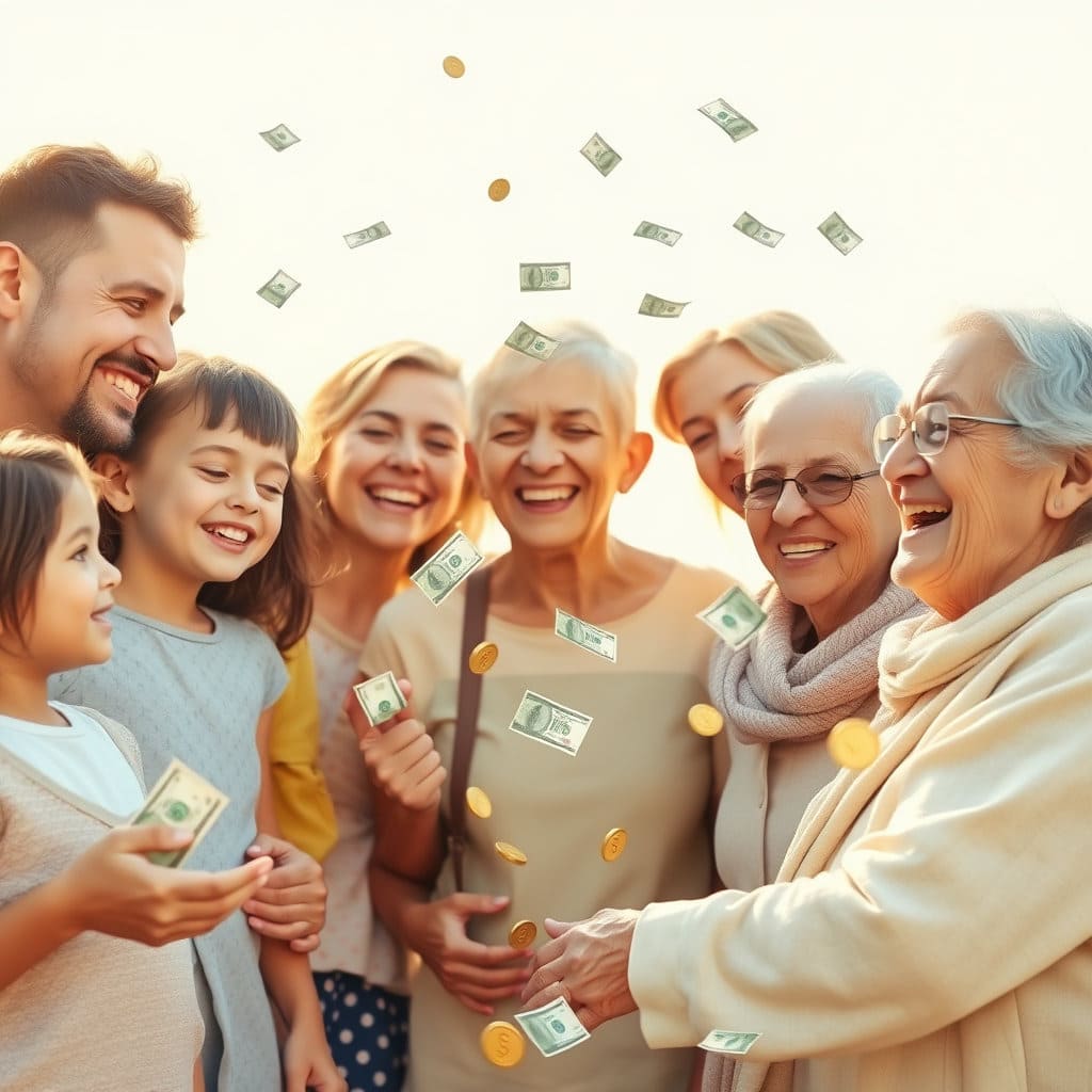 따뜻한 햇살 아래 다양한 연령대의 사람들이 서로에게 힘이 되어주며 밝게 웃고 있는 모습을 그립니다. 사람들의 손 위나 주변에 작은 돈다발이나 동전이 흩날리는 효과를 넣어 지원의 의미를 더합니다. 배경은 안정적이고 희망적인 느낌의 밝은 색감을 사용합니다.