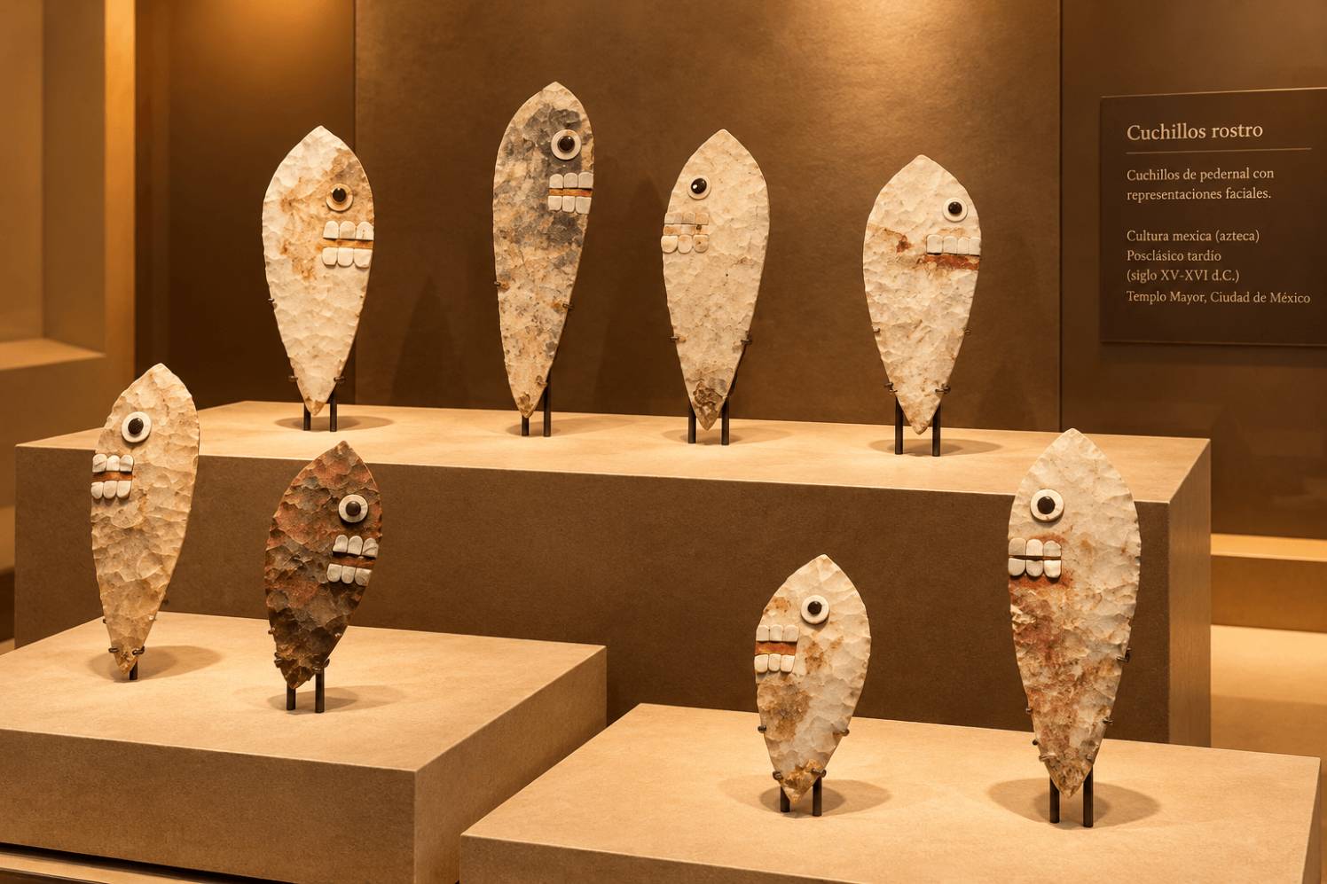 멕시코 템플로 마요르 박물관에 전시된 아즈텍의 얼굴 장식 의례용 칼 8점. 길쭉한 부싯돌 칼날에 둥근 눈과 치아를 표현한 장식이 부착되어 있으며, 검은색 배경의 흰색 전시대 위에 높이를 달리해 진열되어 있다.
