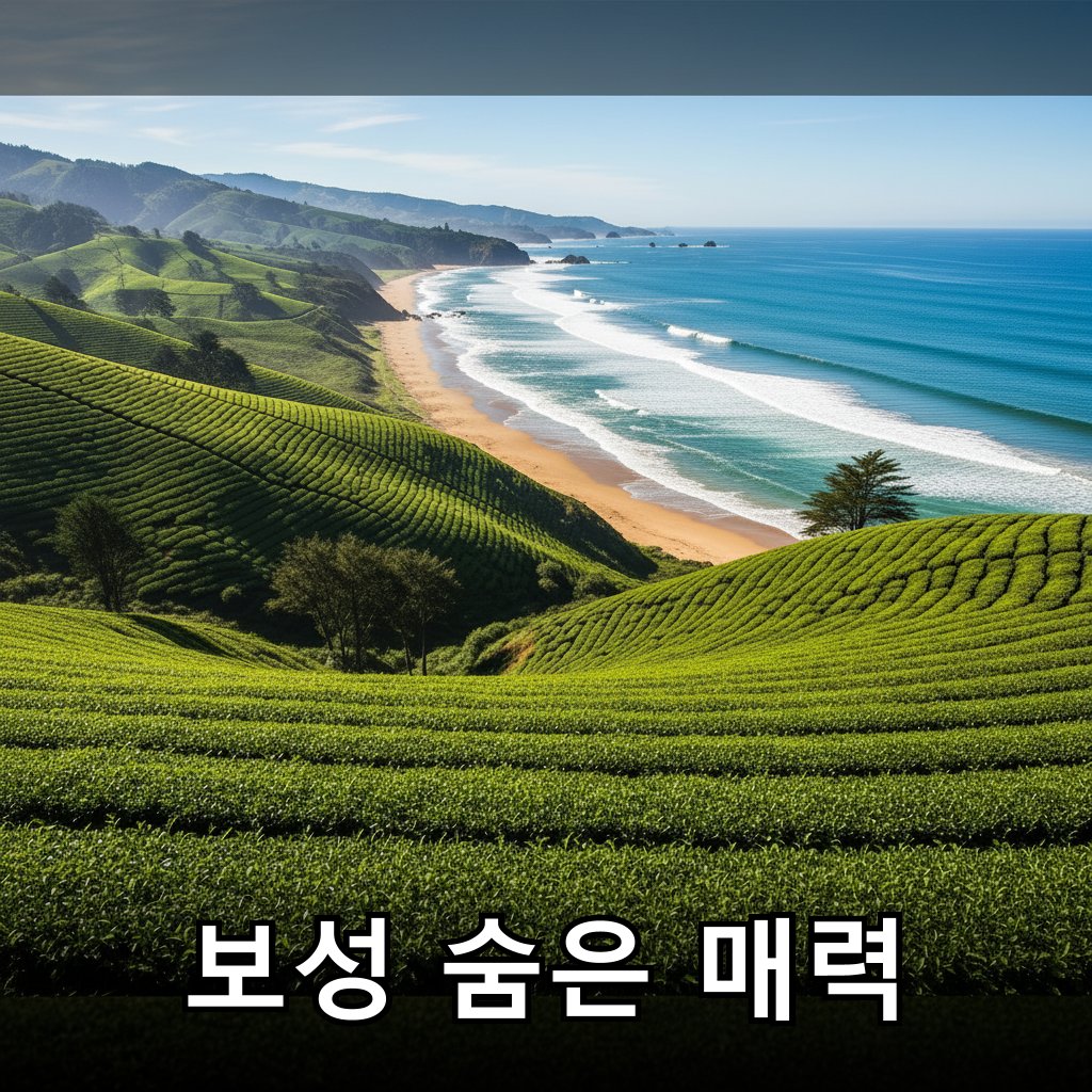 푸른 녹차밭 너머 펼쳐진 해변 풍경