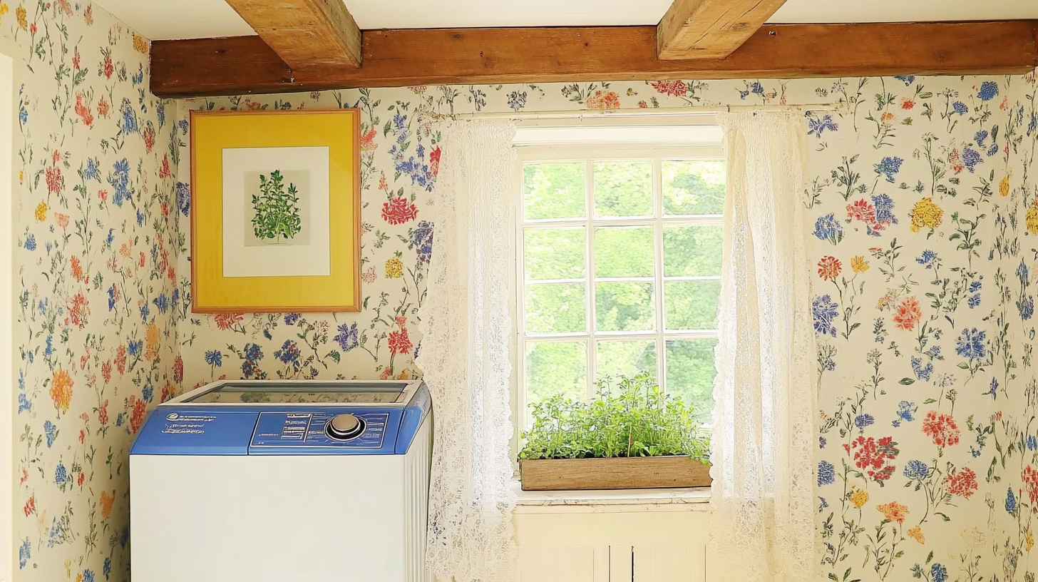 빈티지 코테지 스타일로 꾸며진 방에 있는 통돌이 세탁기. 꽃무늬 벽지와 목재 빔, 레이스 커튼이 어우러지며 창가의 작은 허브 정원이 아늑한 느낌을 더하는 공간입니다.