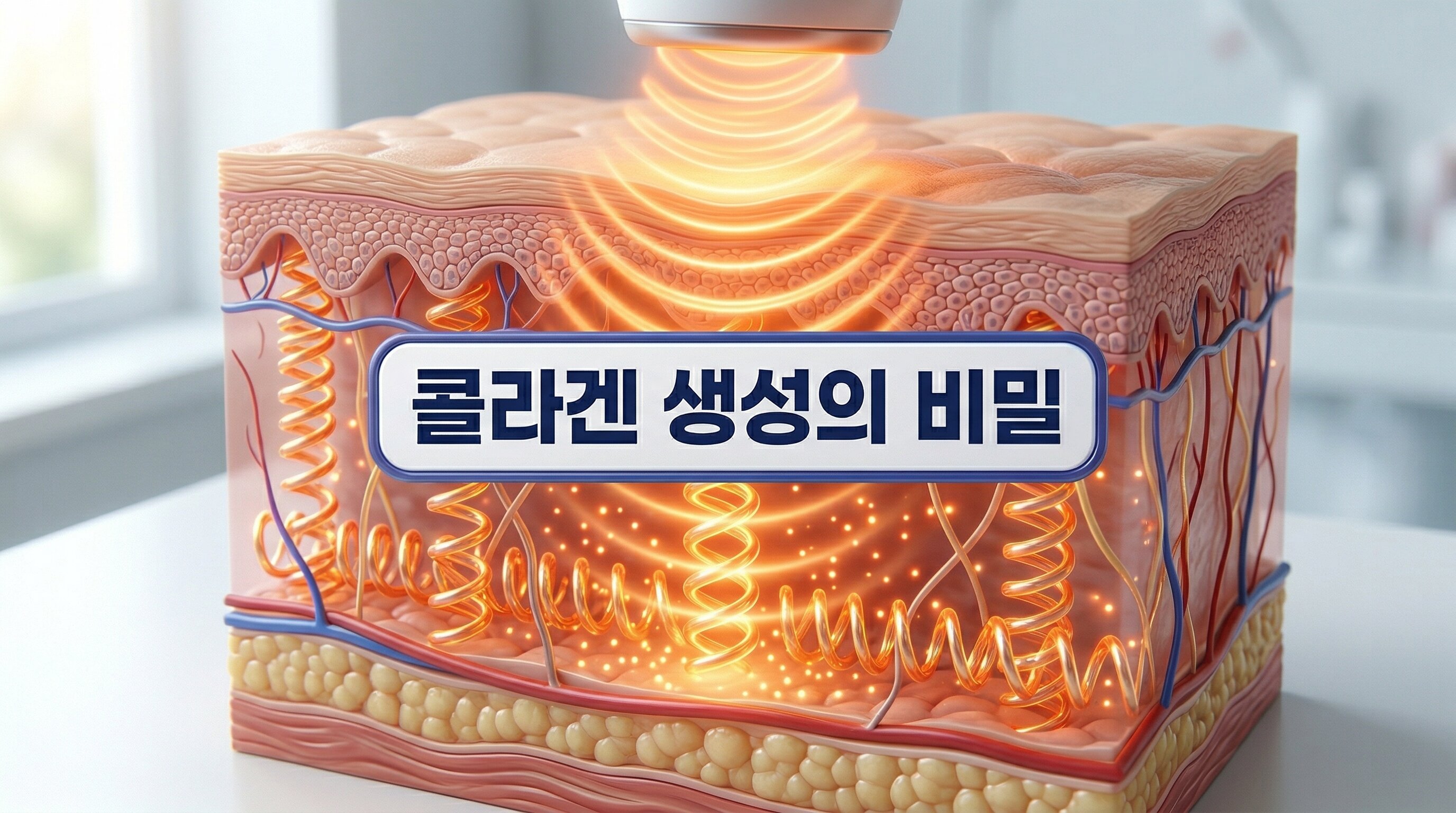 고주파 열에너지가 피부 진피층 깊숙이 침투해 콜라겐 구조를 자극하는 단면 일러스트 배경에 짙은 그림자와 외곽선으로 선명하게 강조된 '콜라겐 생성의 비밀'이라는 한글 문구가 중앙에 적힌 3D 이미지