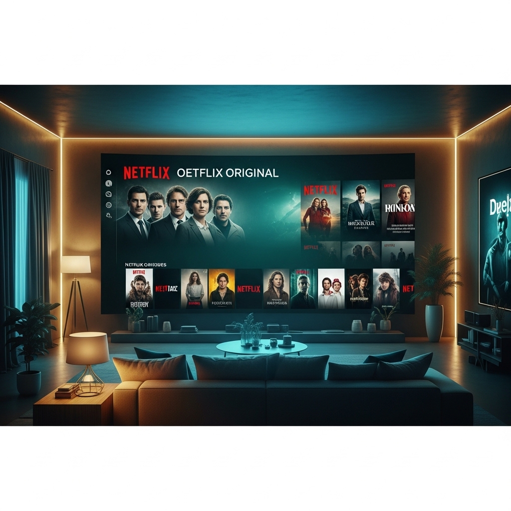 2025년 넷플릭스 오리지널 드라마들을 즐기는 미래형 거실 풍경, 따뜻하고 아늑한 분위기에서 다양한 장르의 드라마를 발견하는 모습.