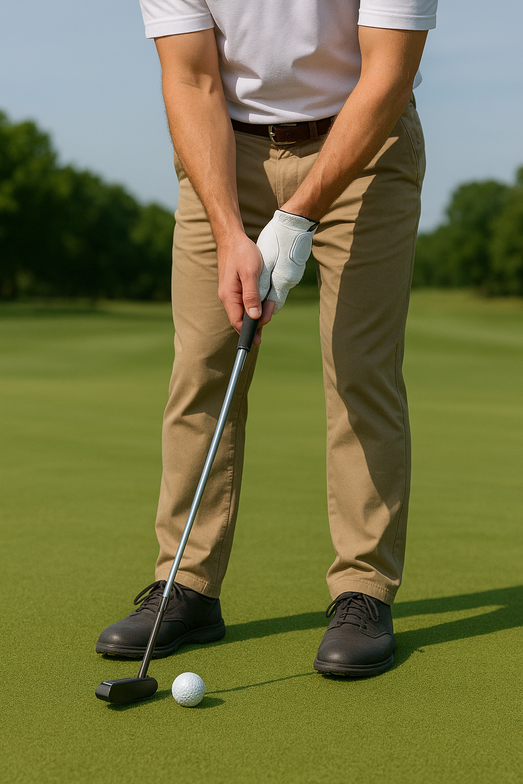 골프 에이프론에서 퍼터 하는 모습