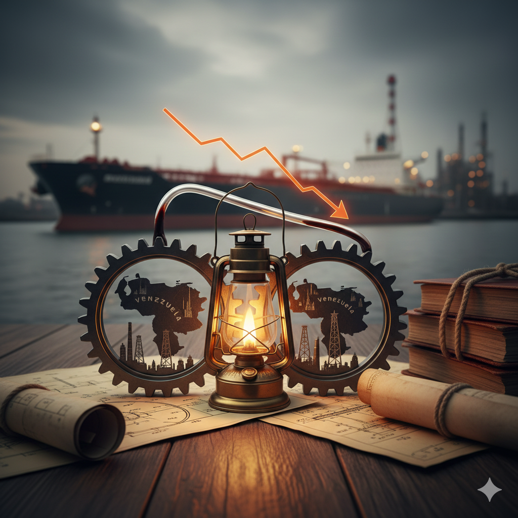 탁자 위에 놓인 도면과 두루마리 서류들 사이로 베네수엘라 지도가 각인된 두 개의 톱니바퀴가 배치된 실감 나는 이미지에요. 두 톱니바퀴 사이에는 불이 켜진 호롱불이 자리 잡고 있으며, 위쪽으로는 주황색의 꺾은선 하락 그래프가 공중에 떠 있어요. 배경에는 흐릿하게 처리된 유조선과 정유 공장의 실루엣이 보여, 베네수엘라 원유의 수송 준비와 그에 따른 시장의 기술적 변화를 묘사해요.