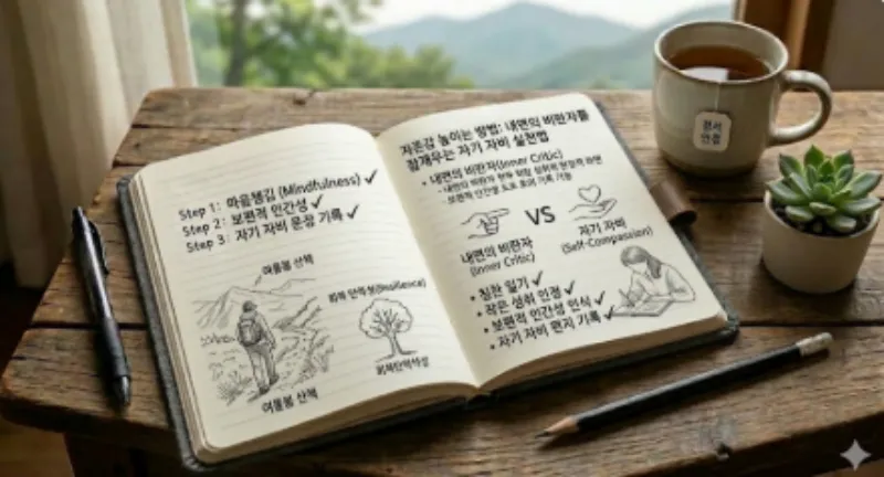 마음챙김(Mindfulness)과 자기 자비(Self-Compassion) 실천 루틴을 통해 자존감을 회복하고 내면의 비판자를 잠재우는 과정을 손글씨로 세밀하게 그린 멘탈 관리 수첩 사진