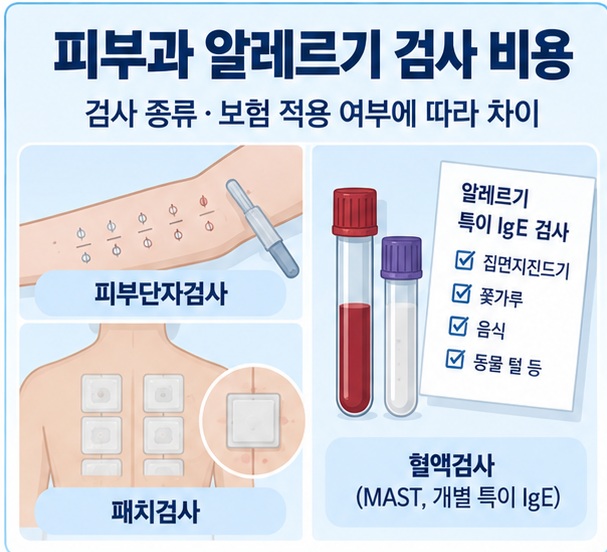 피부과 알레르기 검사 비용이라는 제목과 피부단자검사, 혈액검사, 패치검사 아이콘을 함께 표현한 대표 이미지