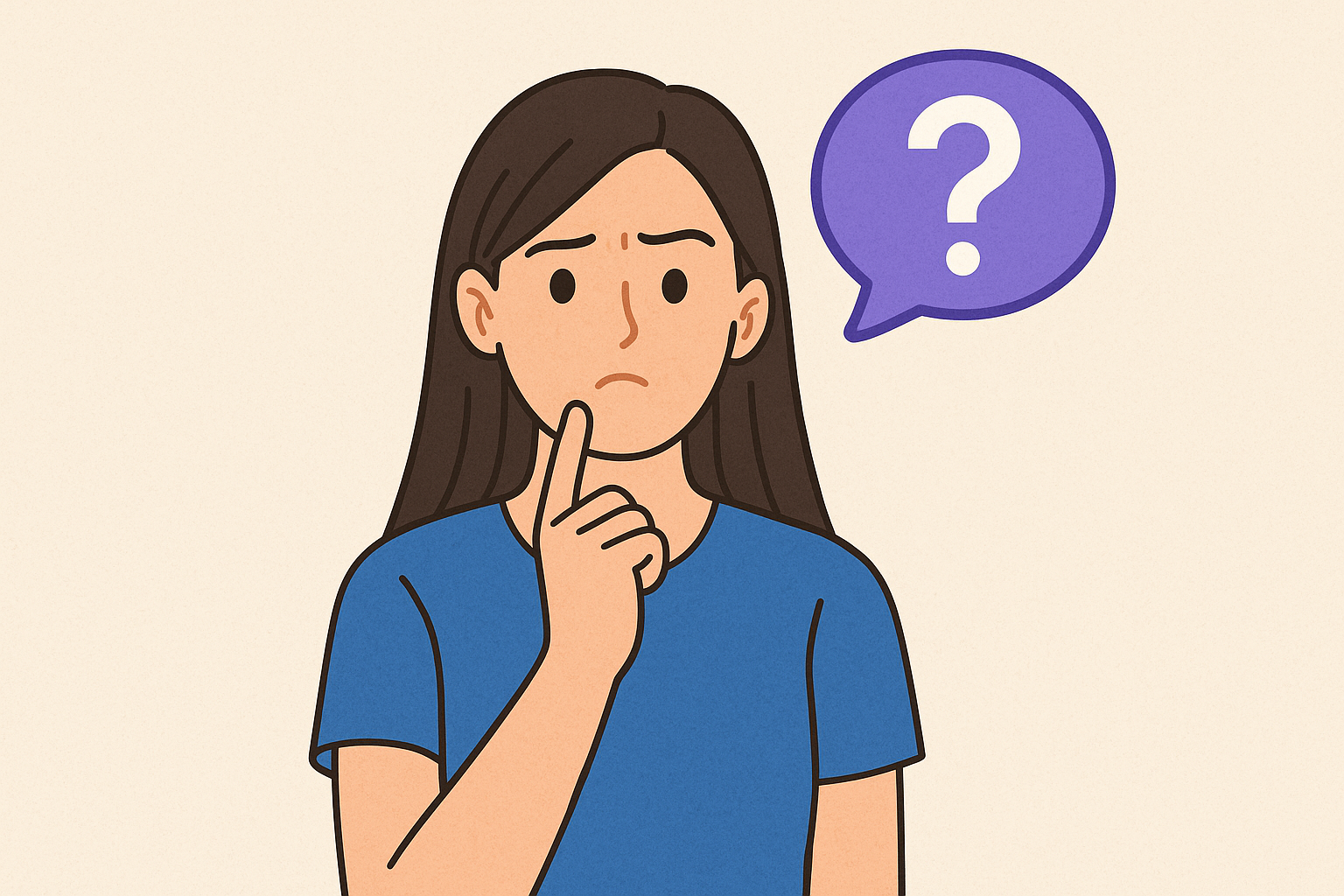 눈 이물질 응급처치에 대해 고민하는 여성이 물음표 말풍선을 보이며 질문하는 모습