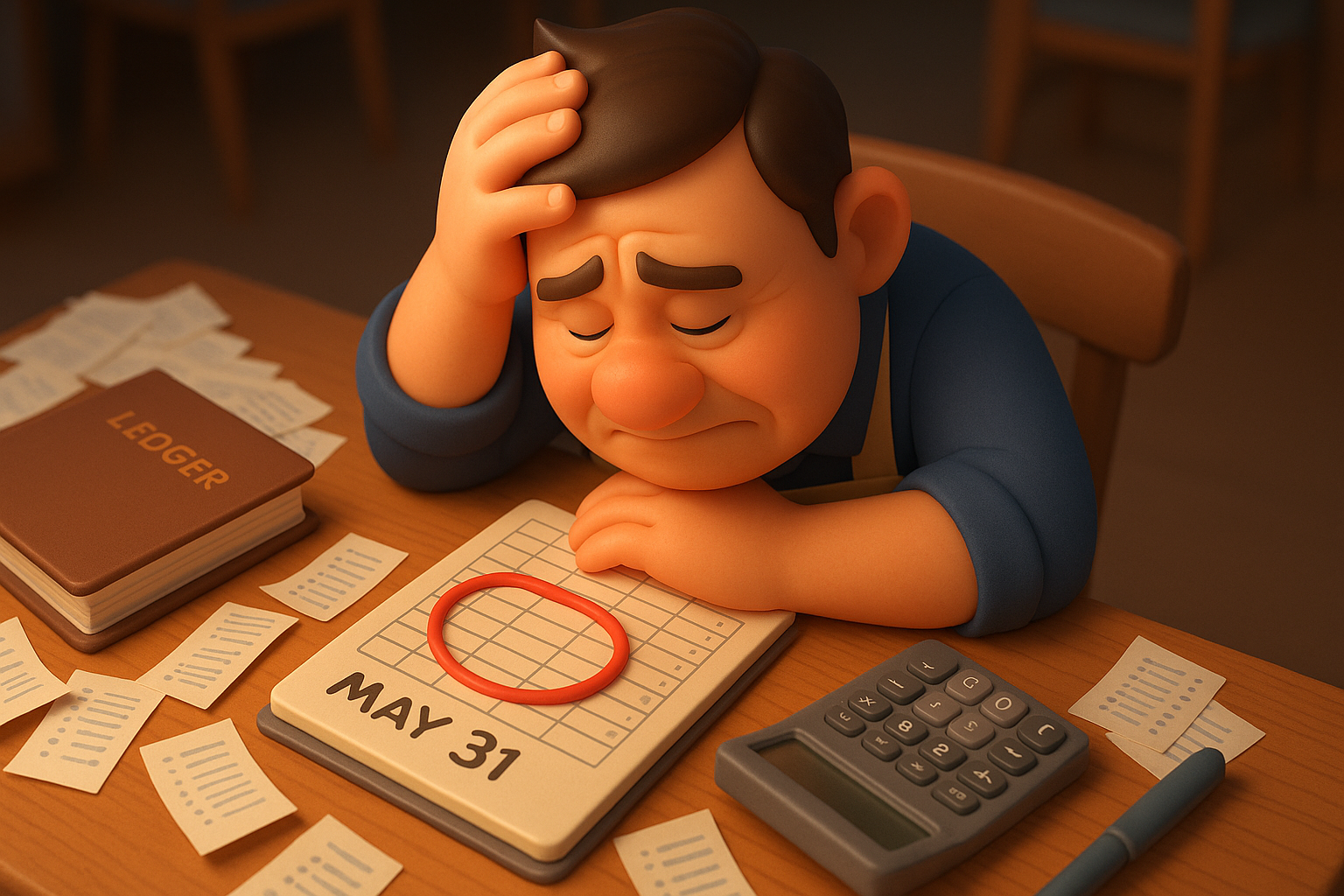 수많은 영수증과 장부에 둘러싸여 머리를 감싸 쥐고 있는 자영업자의 모습