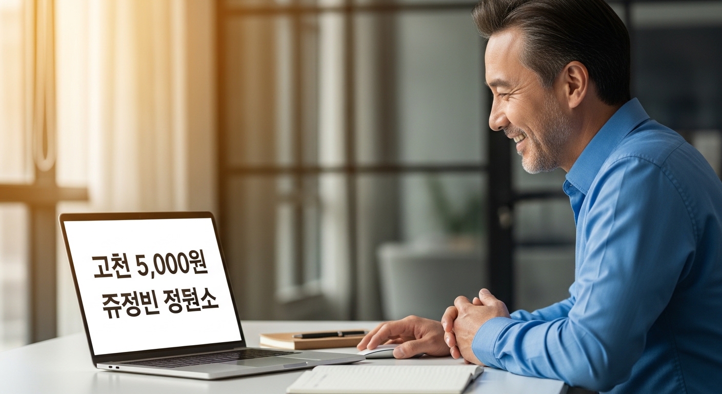 투자자가 노트북으로 배당 공시 화면을 보며 미소 짓고, 화면에는 '1주당 5,000원 배당 확정' 텍스트가 크게 표시된 이미지.