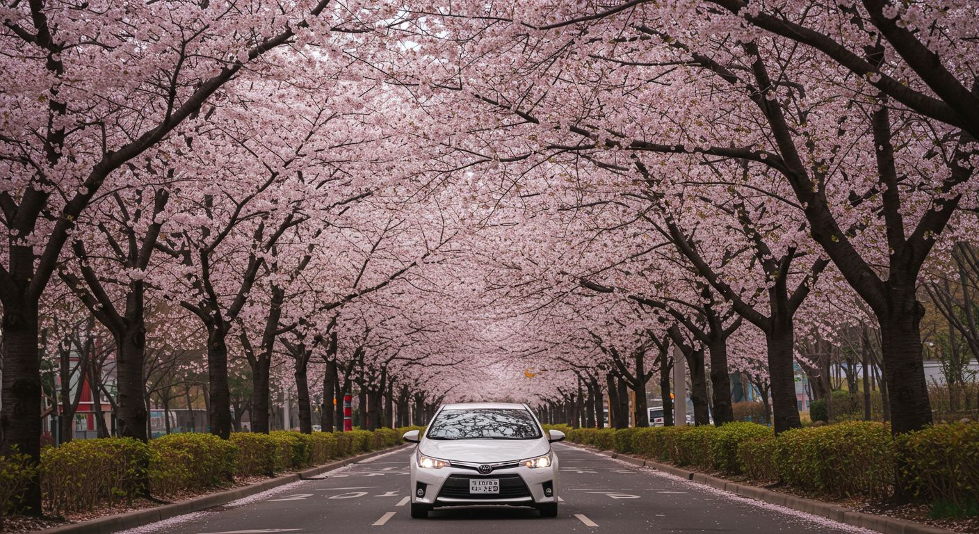 서울 시내 벚꽃 길을 달리는 국산 세단의 봄철 주행 장면