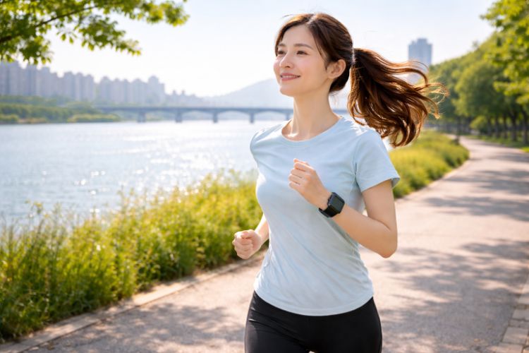 한강 산책로에서 슬로우 조깅을 하는 여성 러닝 장면