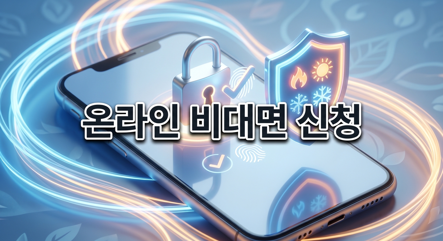푸른색 냉기와 오렌지색 온기가 교차하며 냉난방을 상징하는 빛나는 디지털 에너지 방패와 간편인증 자물쇠가 띄워진 스마트폰 화면이 있는 3D 일러스트 배경에, 짙은 그림자와 외곽선으로 선명하게 강조된 '온라인 비대면 신청'이라는 한글 문구가 중앙에 적힌 이미지