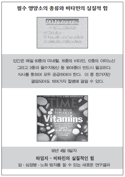 90가지 필수 영양소(60종 미네랄, 16종 비타민, 12종 아미노산, 3종 필수지방산) 목록과 함께, 1992년 4월 6일자 타임지 'The Real Power of Vitamins' 표지가 실려 있으며, 하단에 암&middot;심장병&middot;노화 방지 효과에 관한 새로운 연구결과 설명이 수록된 이미지