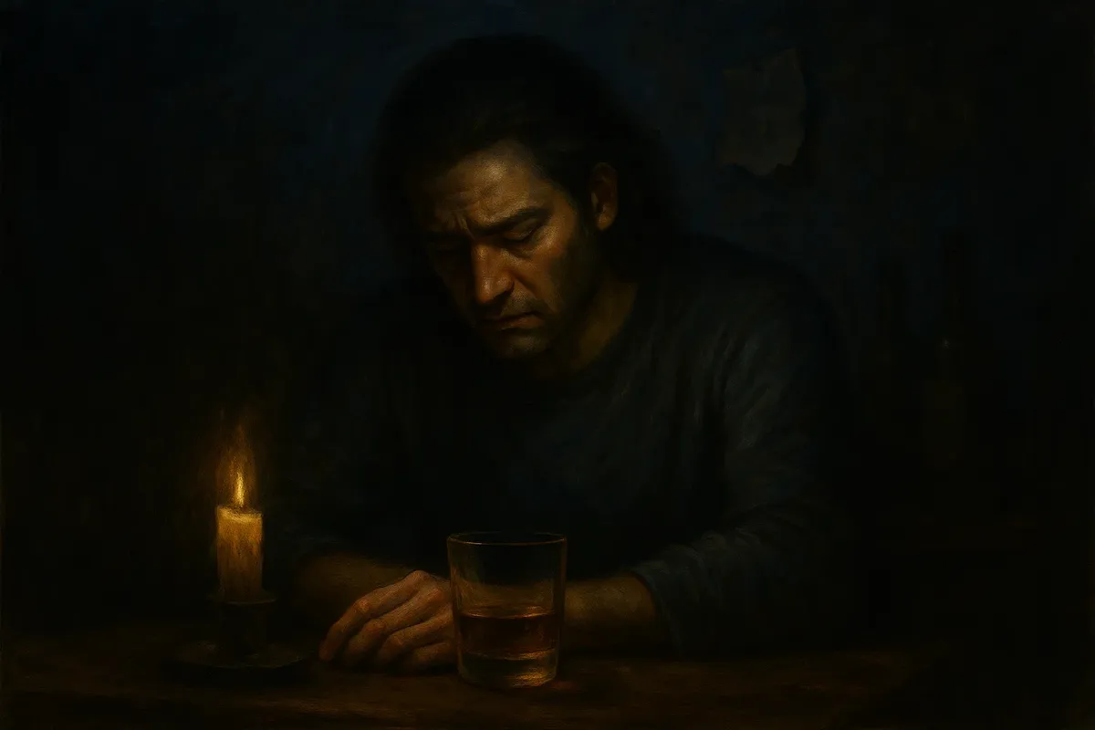 어두운 술집에서 외로움에 잠긴 남성