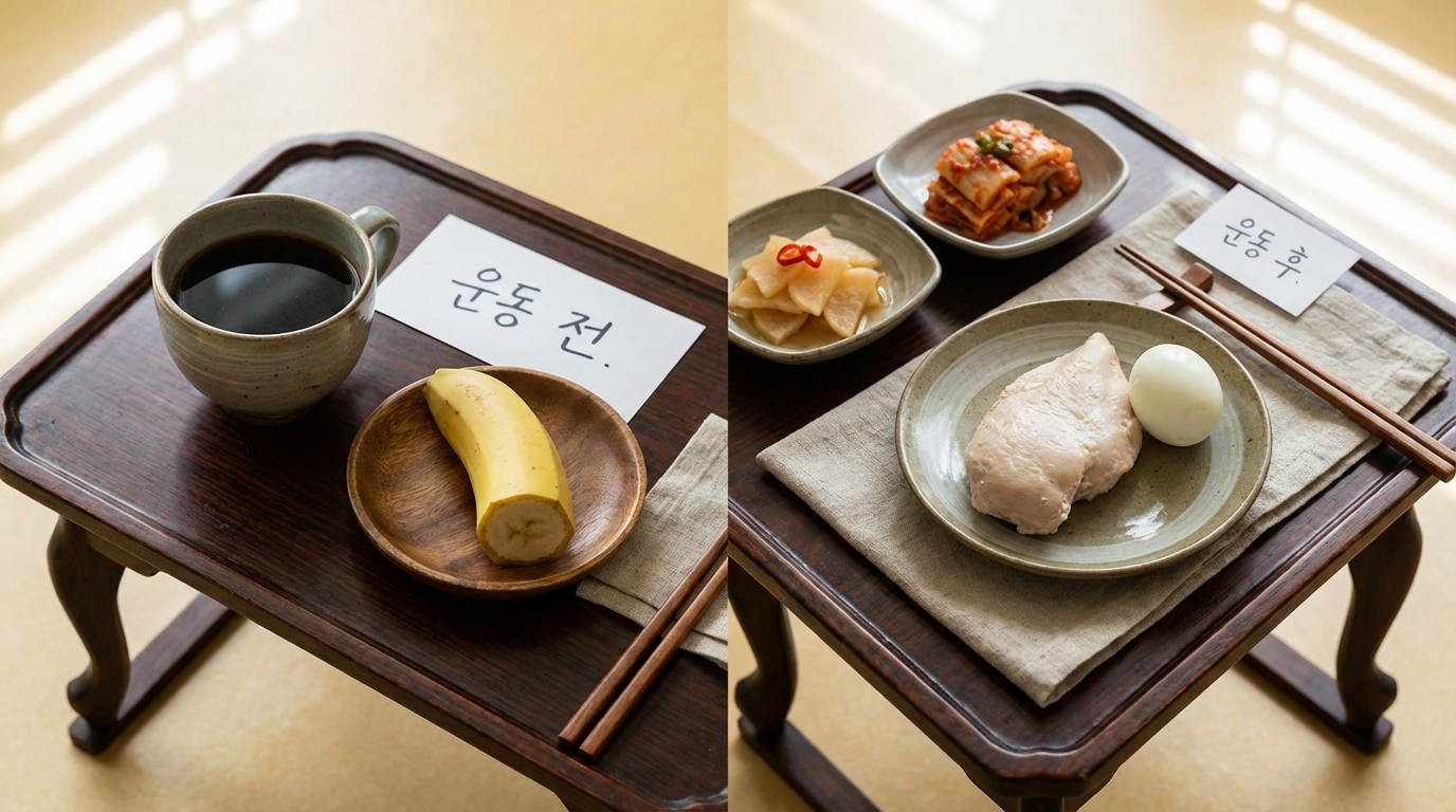 운동 전 아메리카노와 바나나 반 개, 운동 후 닭가슴살과 계란으로 구성된 완벽한 식단 타이밍 이미지