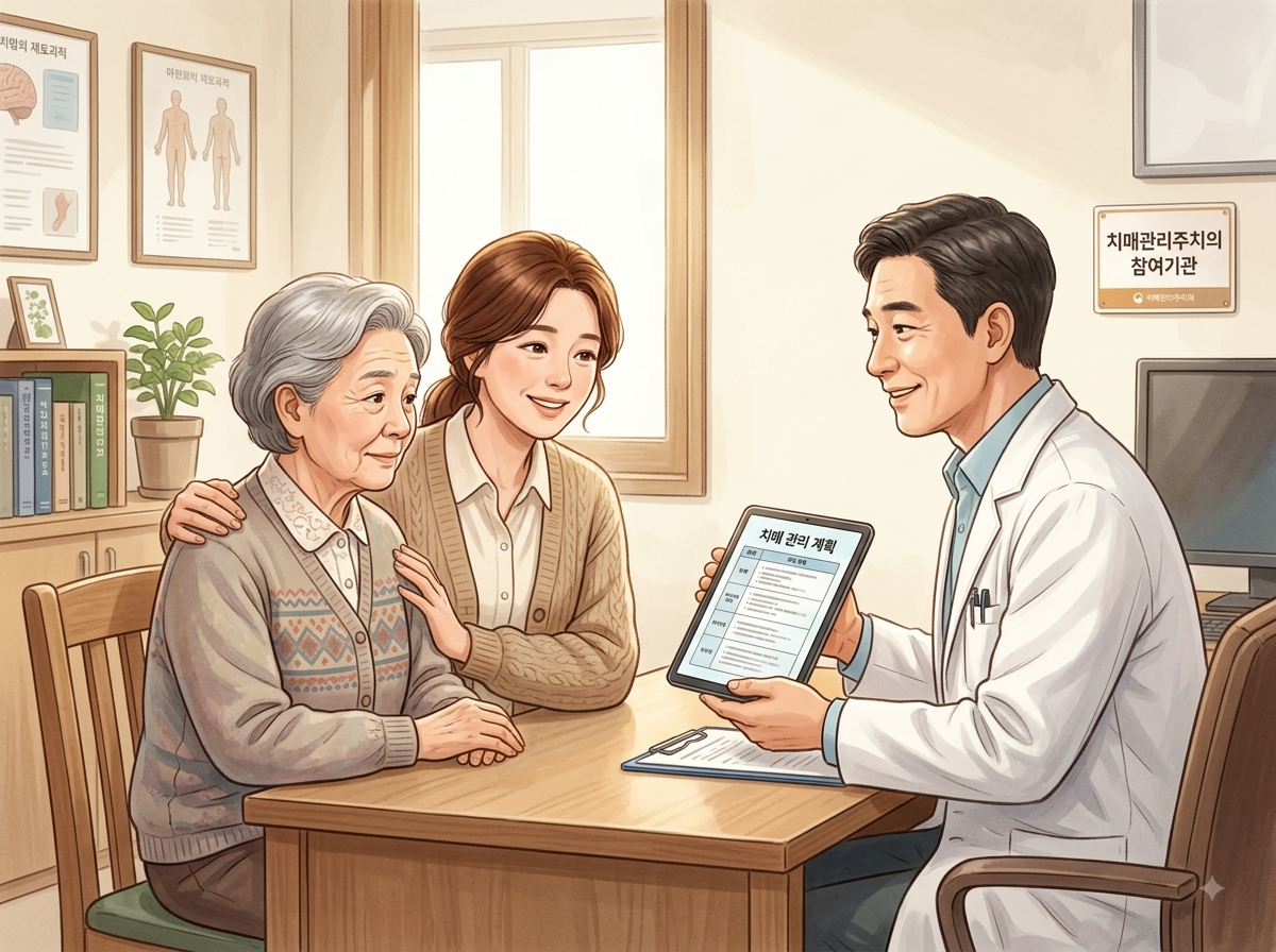 alt="동네 의원에서 치매관리주치의에게 관리 계획을 설명받는 어르신과 보호자"