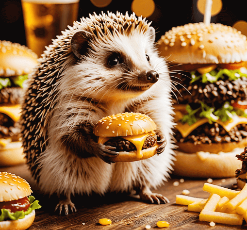 고슴도치 한마리가 서서 햄버거를 들고있다. 회색 가시가 등을 덮었고, 배는 하얀털이다. 뒤에는 커다란 햄버거들이 가득하다.