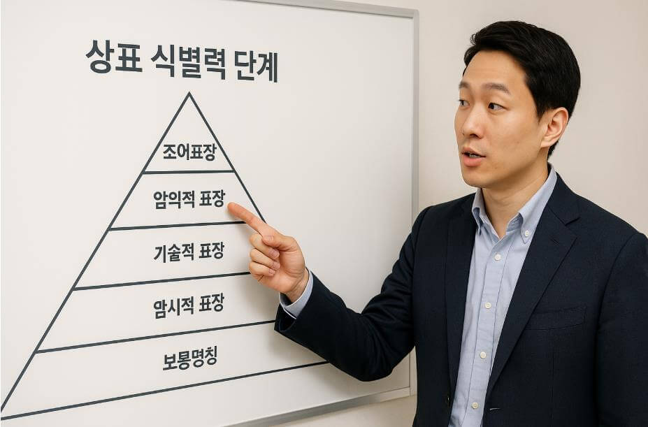 상표 식별력 단계를 설명하는 강사와 다이어그램