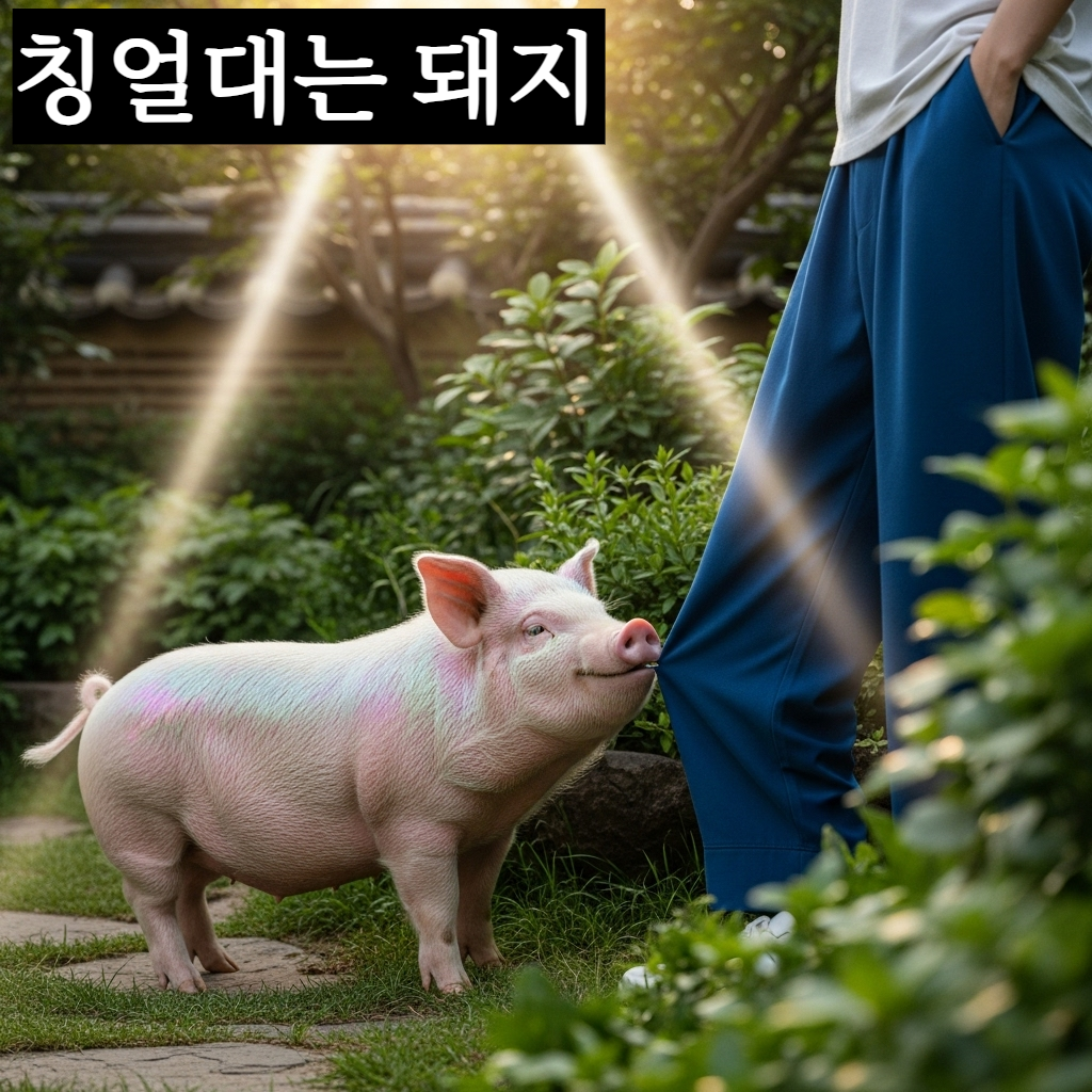 따스한 햇살 아래 한국 전통 마당에서 복스러운 분홍색 돼지가 사람의 옷자락을 입으로 살짝 당기며 따라오고 있는 정겨운 일러스트