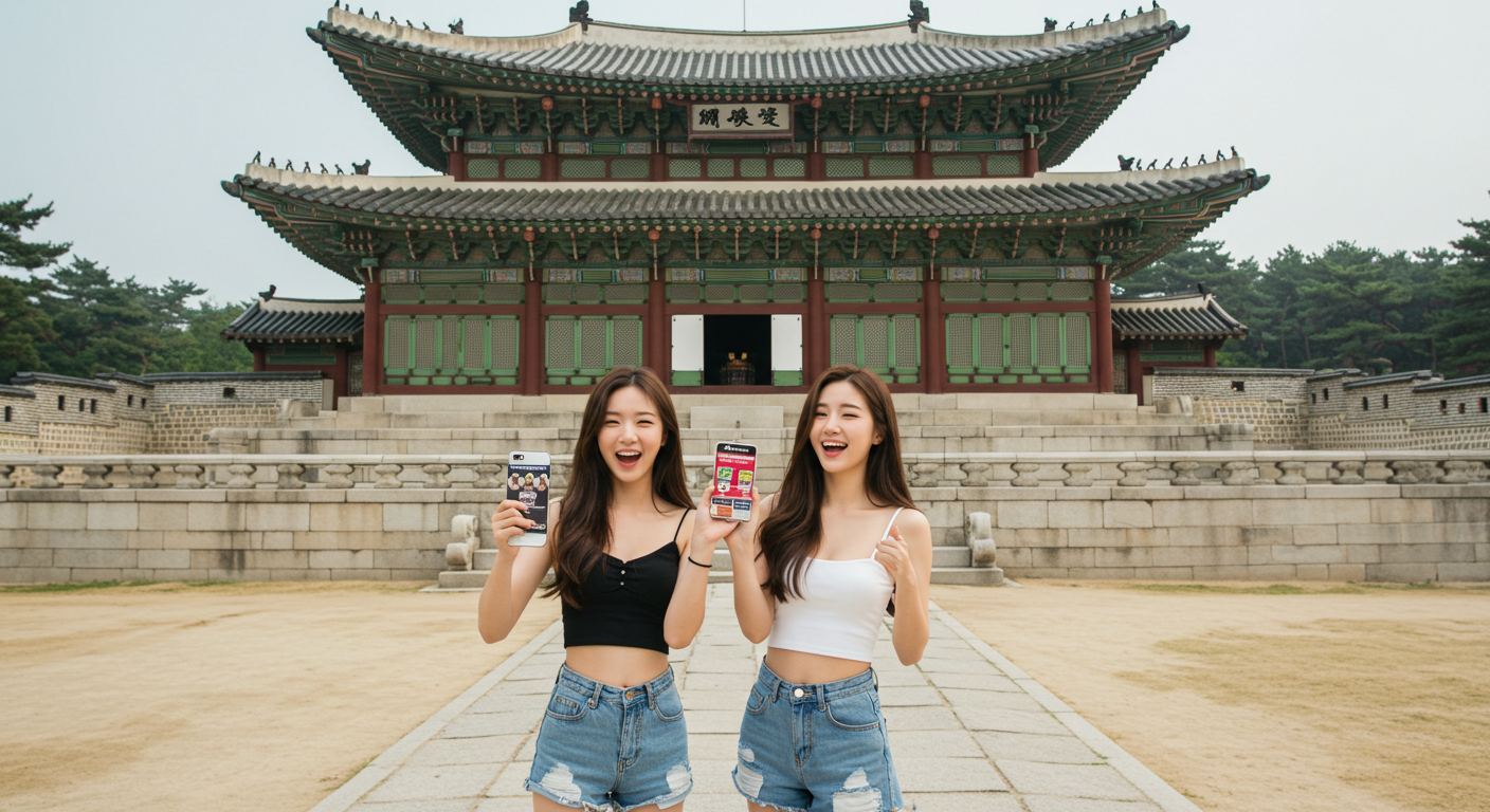 쿠폰을 휴대폰으로 보여주는 여인들